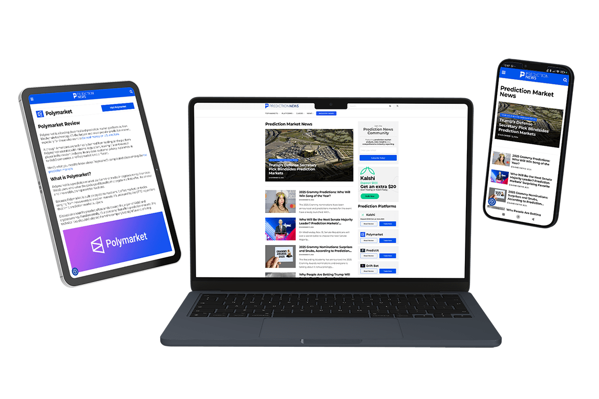 Multiple devices displaying prediction news website on the screens